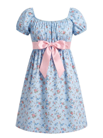Hellblaues 60er Satinkleid mit Blumen und Schleife