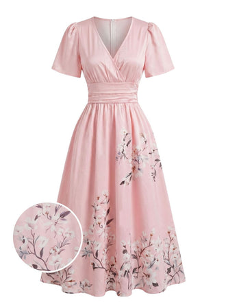 40er Kleid mit Blumen-Print und V-Ausschnitt