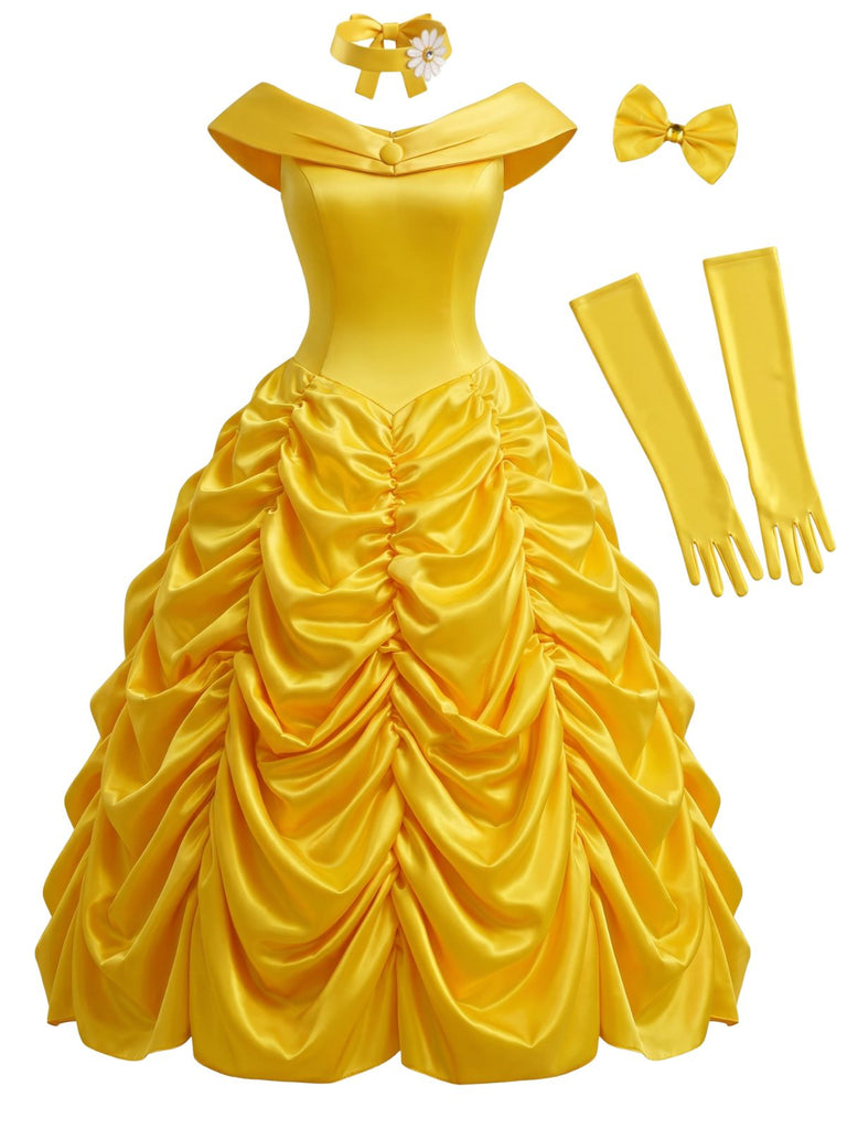 Gelbes 50er schulterfreies Kleid mit gestuft und Prinzessin