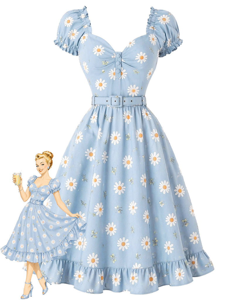 [Vorverkauf] Hellblaues 50er Kleid mit Gänseblümchen und Herzausschnitt