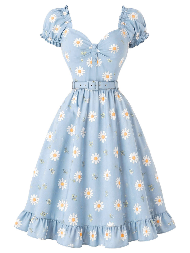 [Vorverkauf] Hellblaues 50er Kleid mit Gänseblümchen und Herzausschnitt