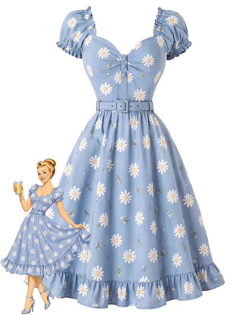 Hellblaues 50er Kleid mit Herzausschnitt und Blumen