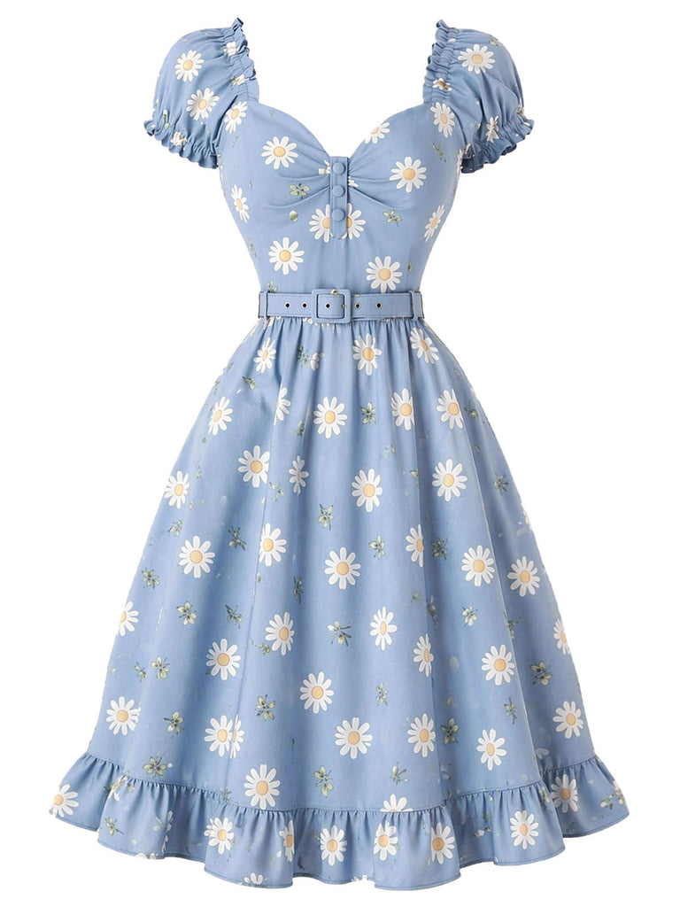 Hellblaues 50er Kleid mit Herzausschnitt und Blumen