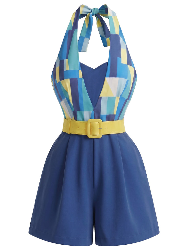 [Vorverkauf] Blauer 70er Romper mit geometrischem Colorblock und Gürtel