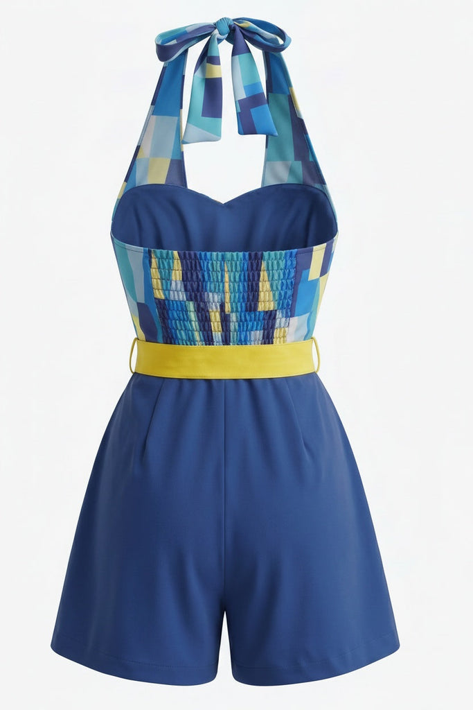 Blauer 70er Romper mit Farbblock und Neckholder