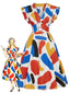 [Vorverkauf] 60er Swingkleid mit abstraktem Pinselstrich-Print und Rüschenärmeln
