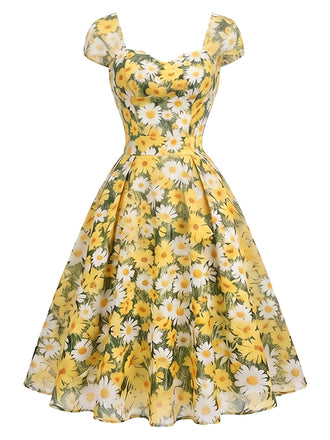 Gelbes 50er Swingkleid mit Herzausschnitt und Blumen