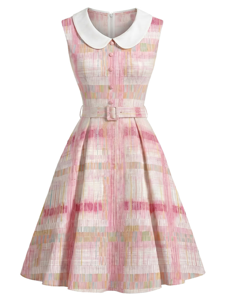Rosa 50er Ärmelloses Kleid mit Peter-Pan-Kragen und Karo