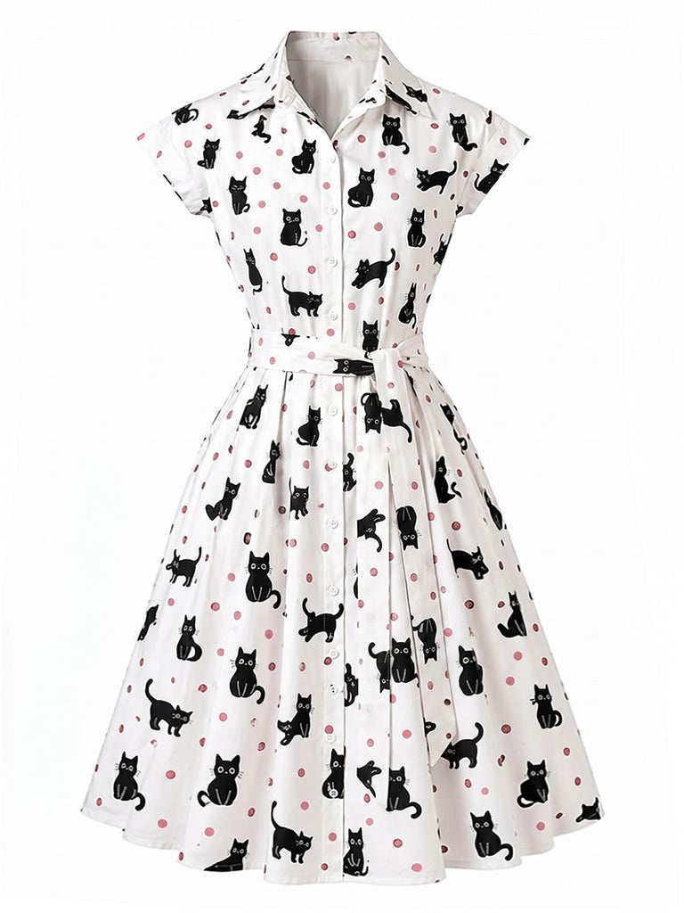 50er Hemdblusenkleid mit Katzen und Punkten