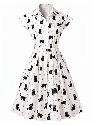 50er Hemdblusenkleid mit Katzen und Punkten
