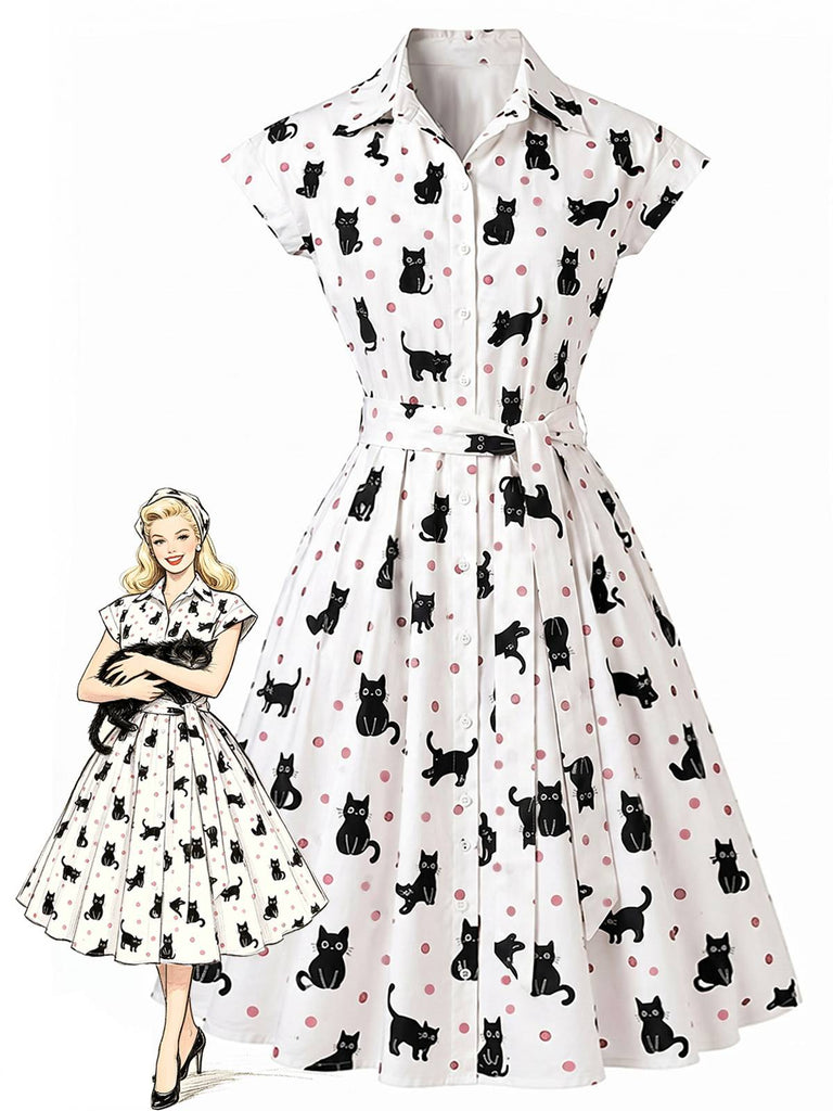 [Vorverkauf] 50er Hemdblusenkleid mit Katzen und Punkten