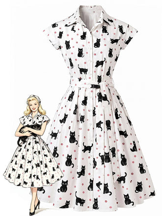 [Vorverkauf] 50er Hemdblusenkleid mit Katzen und Punkten