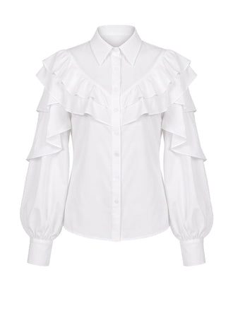 Weiße 50er Bluse mit Rüschen und Laternenärmeln