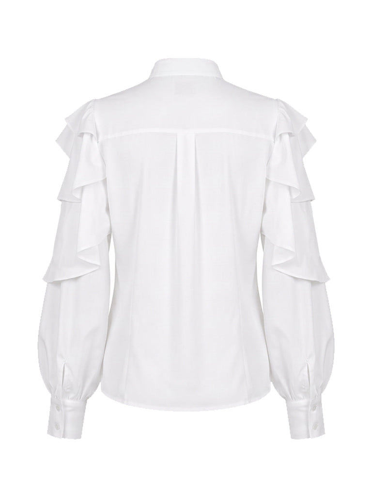 Weiße 50er Bluse mit Rüschen und Laternenärmeln