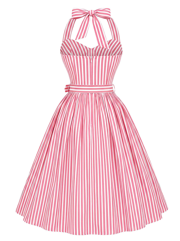 Rosa 50er Swingkleid mit Neckholder und Streifen