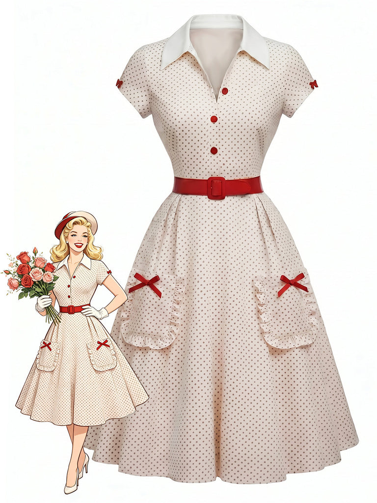 50er Polka-Dot Kleid mit Revers-V-Ausschnitt und Taschen
