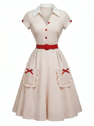 50er Polka-Dot Kleid mit Revers-V-Ausschnitt und Taschen