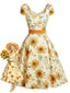 [Vorverkauf] Orange 50er Kleid mit Sonnenblumen und Herzausschnitt