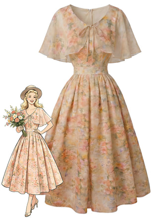 Orange 50er Blumenkleid mit Cape-Kragen und Gürtel