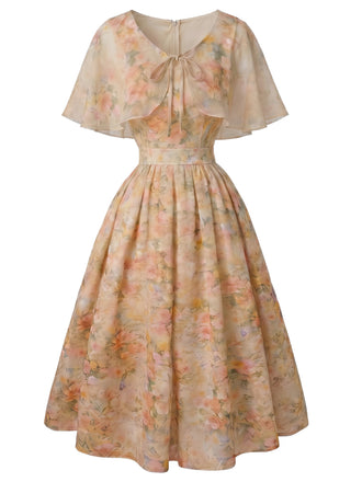 Orange 50er Blumenkleid mit Cape-Kragen und Gürtel