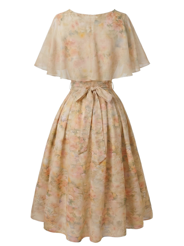 Orange 50er Blumenkleid mit Cape-Kragen und Gürtel