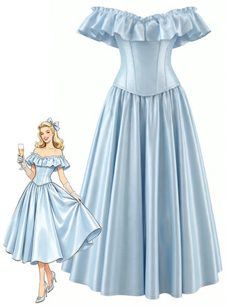 Hellblaues 50er Kleid mit Rüschen und Taille