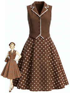 Braunes 50er Kleid mit Polka-Dots und V-Ausschnitt