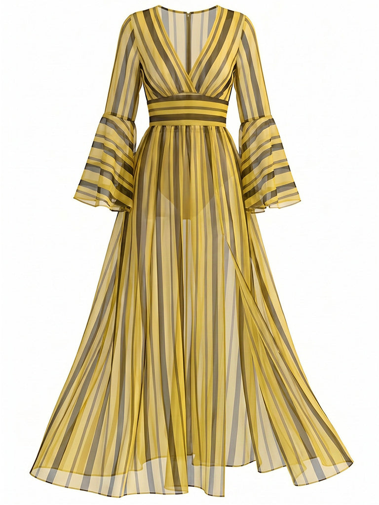 [Pre-Sale] Plus Size Yb 1980s V Neck Striped Patchwork Dress
