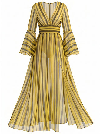 [Pre-Sale] Plus Size Yb 1980s V Neck Striped Patchwork Dress