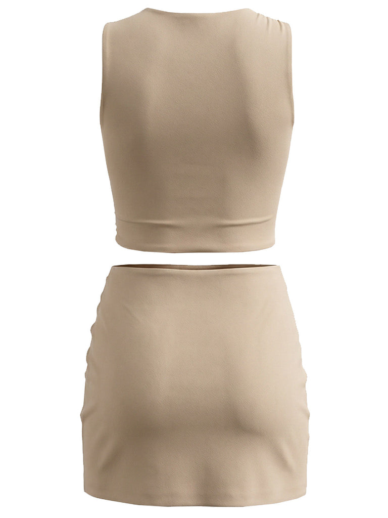 Beige 80er Rock mit Cut-out und Wickel