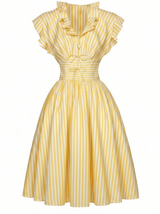 Hellgelbes 50er Kleid mit Rüschen und Taillenbinde