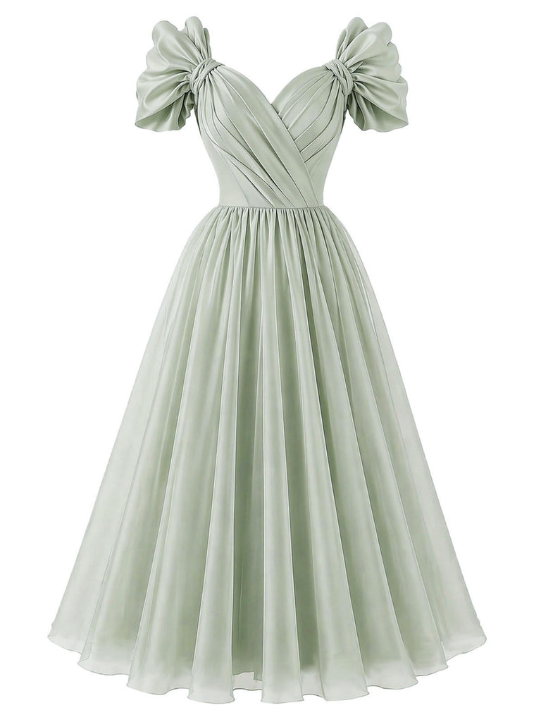 [Vorverkauf] Salbeigrünes 50er Chiffonkleid mit Herzausschnitt und Schleifenärmeln