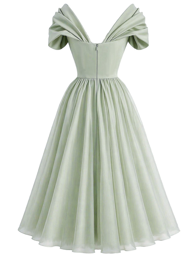 [Vorverkauf] Salbeigrünes 50er Chiffonkleid mit Herzausschnitt und Schleifenärmeln