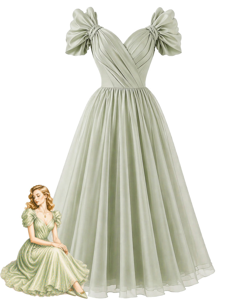 Grünes 50er Chiffon-Kleid mit Herzausschnitt und Schleife