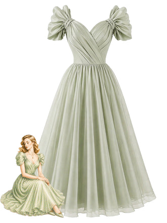 Grünes 50er Chiffon-Kleid mit Herzausschnitt und Schleife