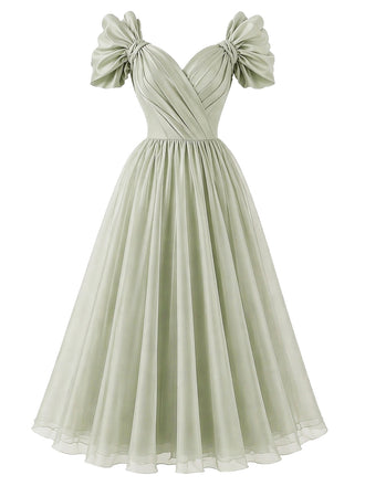 Grünes 50er Chiffon-Kleid mit Herzausschnitt und Schleife