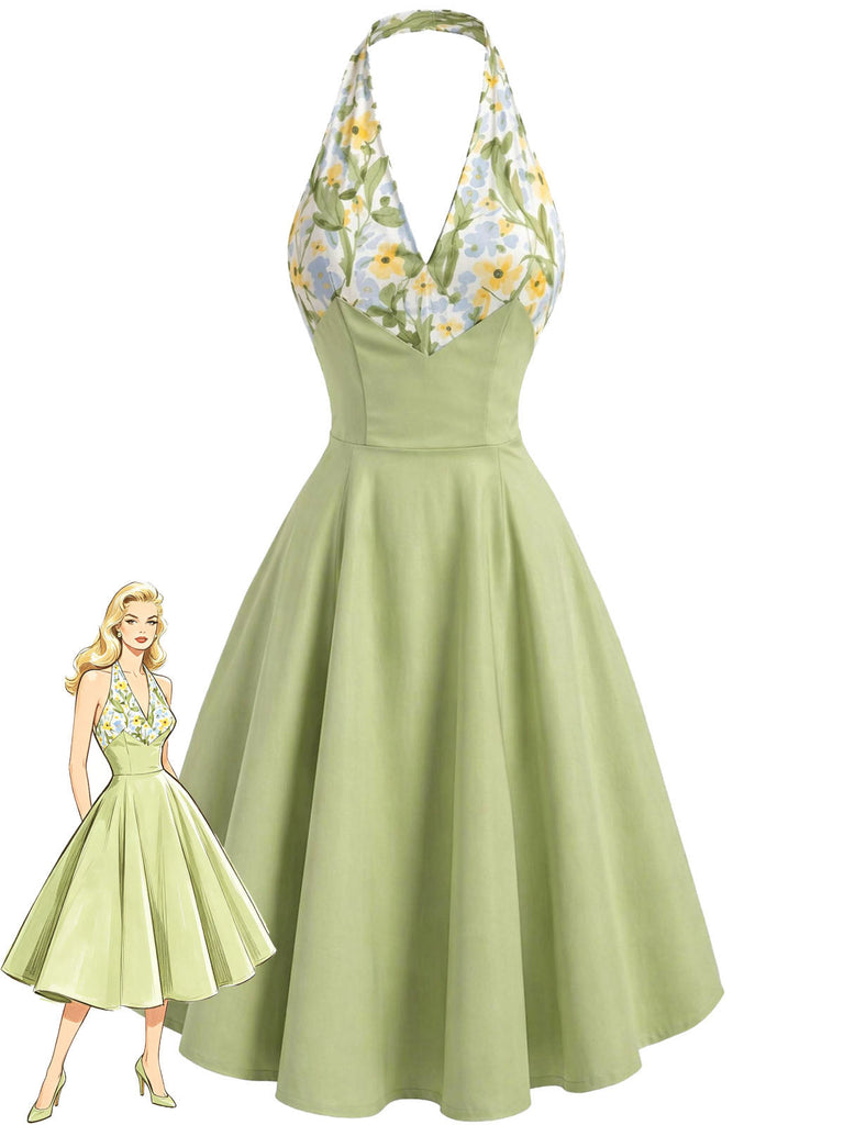 Grünes 50er Swingkleid mit V-Ausschnitt und Neckholder