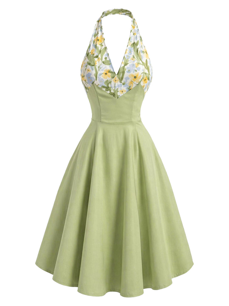 Grünes 50er Swingkleid mit V-Ausschnitt und Neckholder