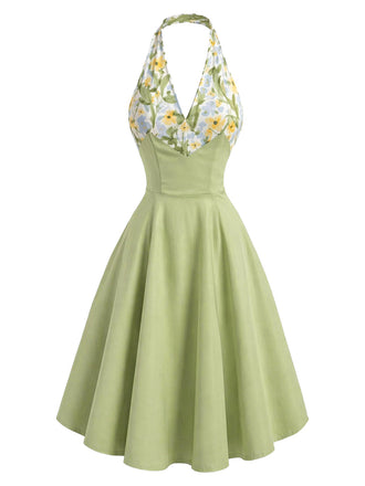 [Pre-Sale] Gray Green 1950s Floral V Neck Patchwork Dress 2