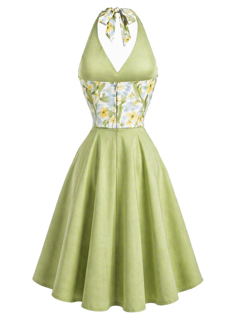 Grünes 50er Swingkleid mit V-Ausschnitt und Neckholder