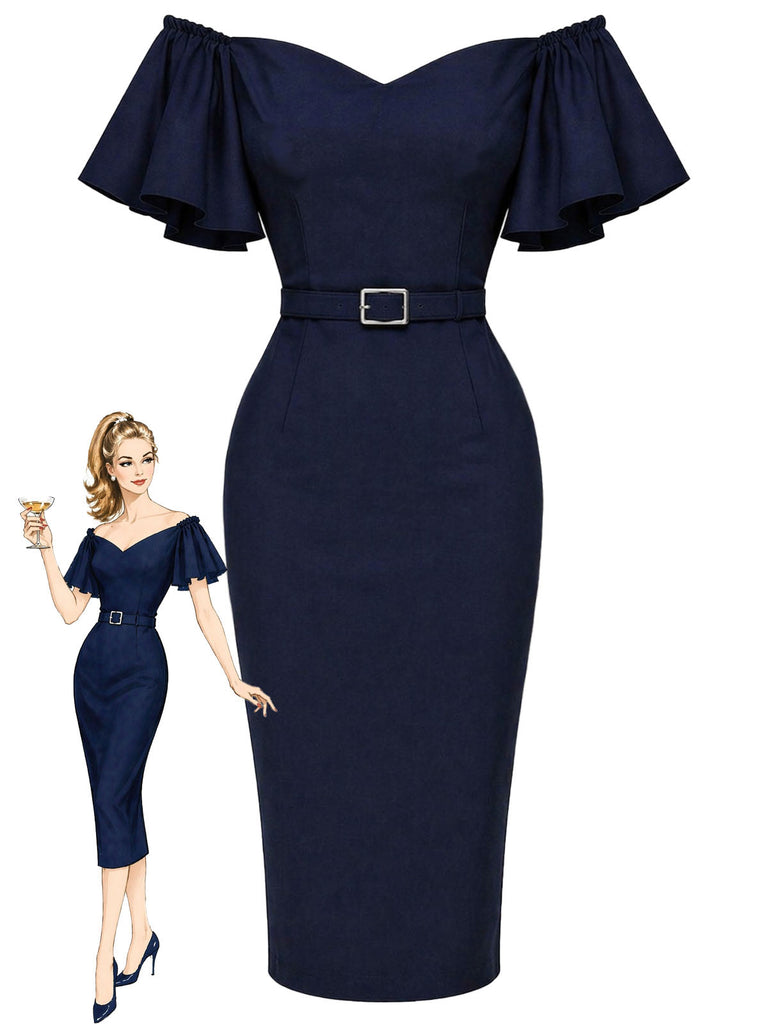 Marineblaues 60er schulterfreies Bleistiftkleid mit Rüschenärmeln