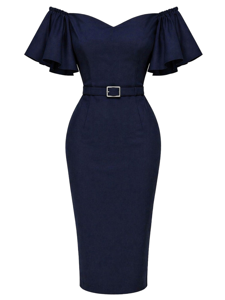 Marineblaues 60er schulterfreies Bleistiftkleid mit Rüschenärmeln