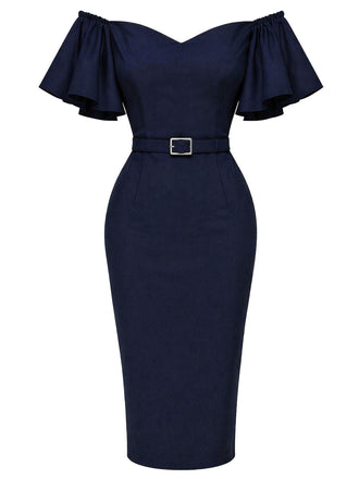 Marineblaues 60er schulterfreies Bleistiftkleid mit Rüschenärmeln