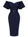 Marineblaues 60er schulterfreies Bleistiftkleid mit Rüschenärmeln