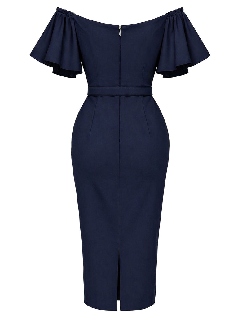 Marineblaues 60er schulterfreies Bleistiftkleid mit Rüschenärmeln