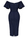 Marineblaues 60er schulterfreies Bleistiftkleid mit Rüschenärmeln