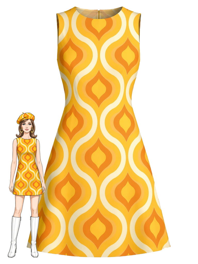 Orange 60er Mod A-Linien-Kleid mit geometrischem Print
