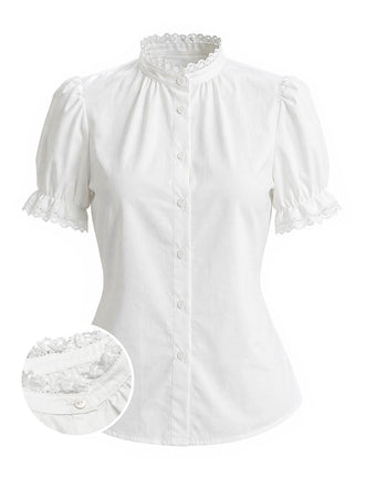 Weiße 50er Bluse mit Patchwork und Puffärmel