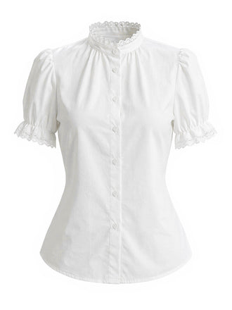 Weiße 50er Bluse mit Patchwork und Puffärmel