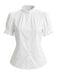 Weiße 50er Bluse mit Patchwork und Puffärmel